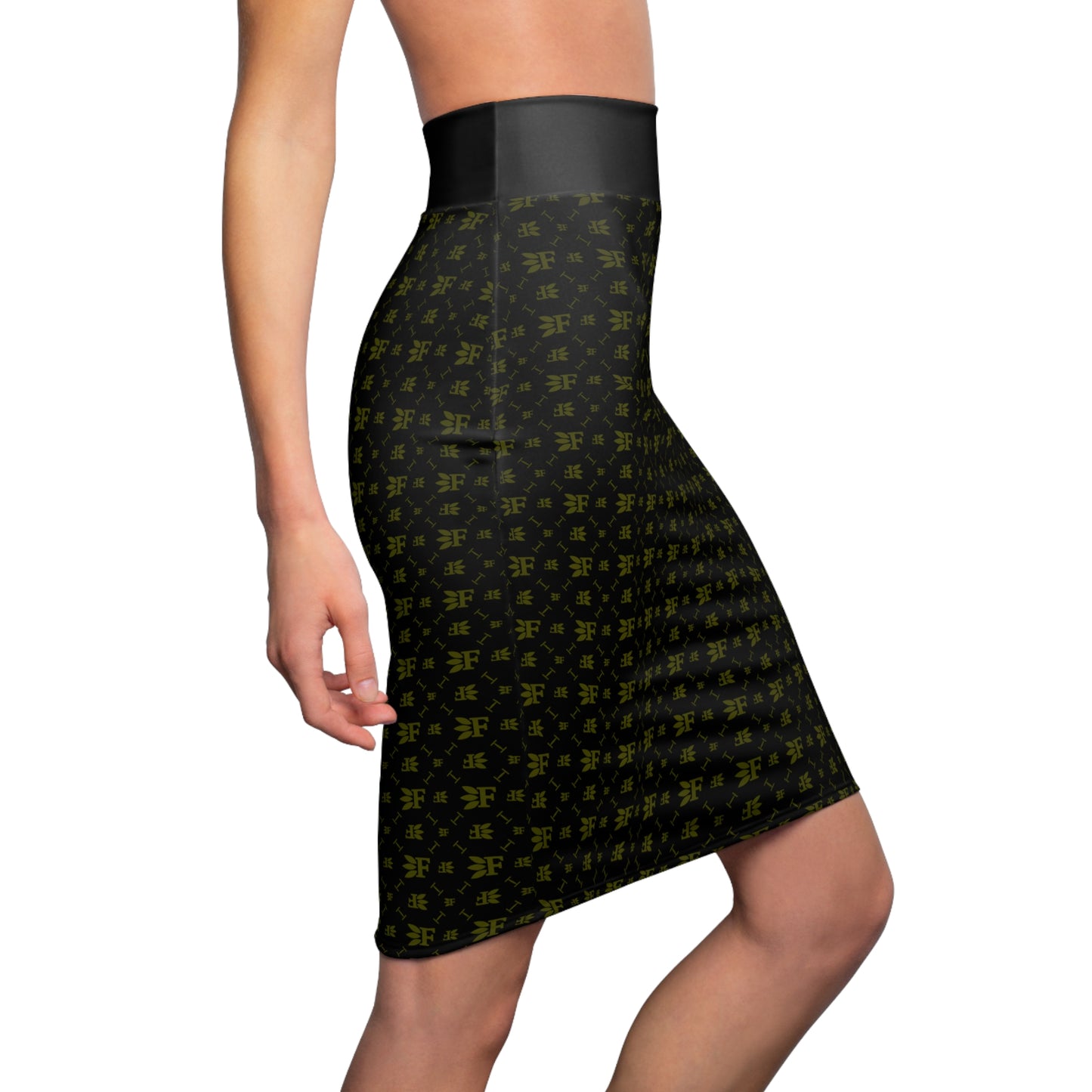 Forberz Women Pencil Skirt - Black w/Gold Pattern - Back Leg Logo