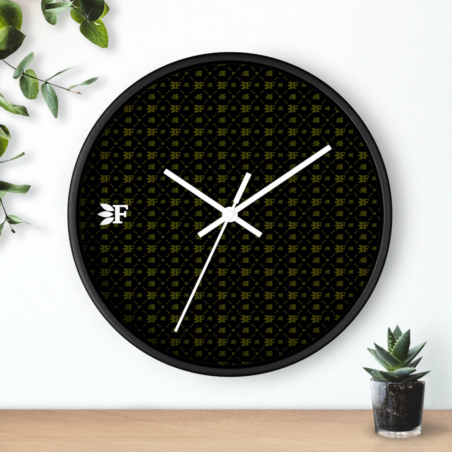 Forberz 10" Wall Clock - Black w/Gold Pattern and "F" - Classic